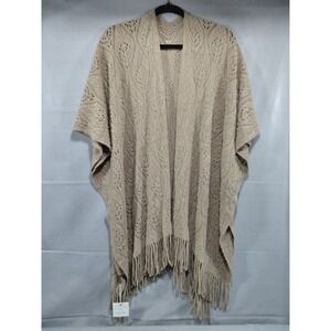 Styline Cable Knit Poncho Shawl Fringe Wrap One Size‎ Tan